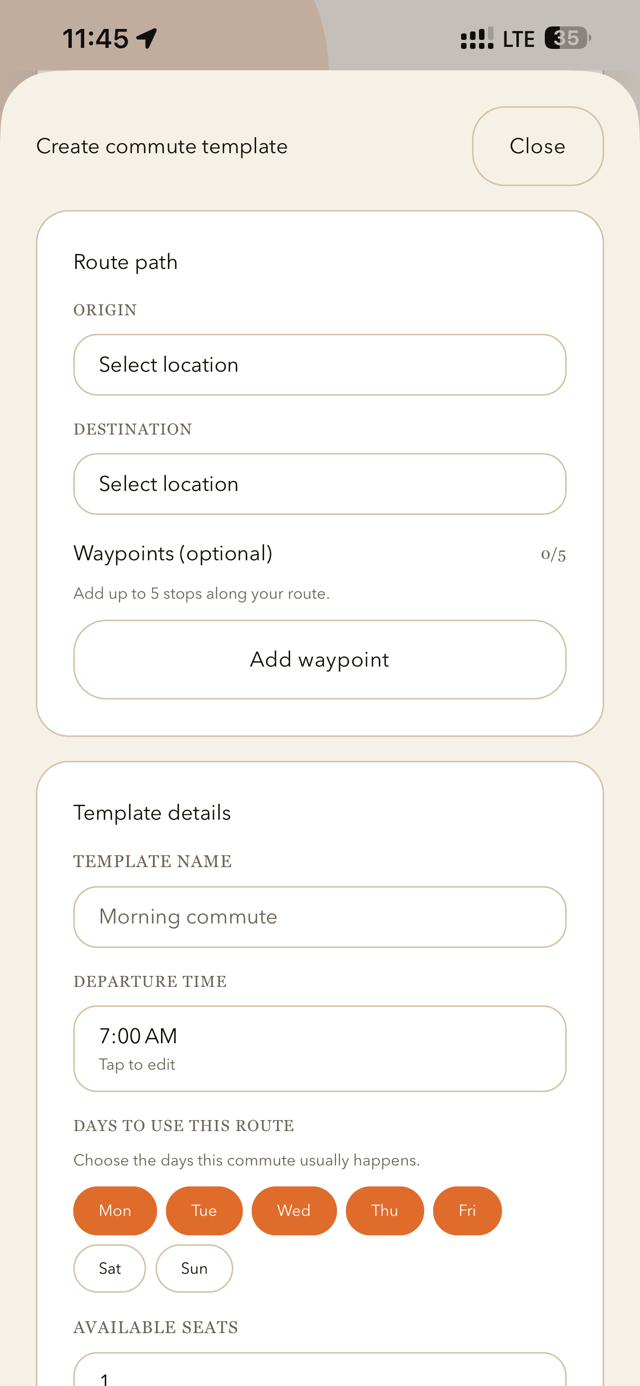 Leet driver plan screen showing a published commute template card.