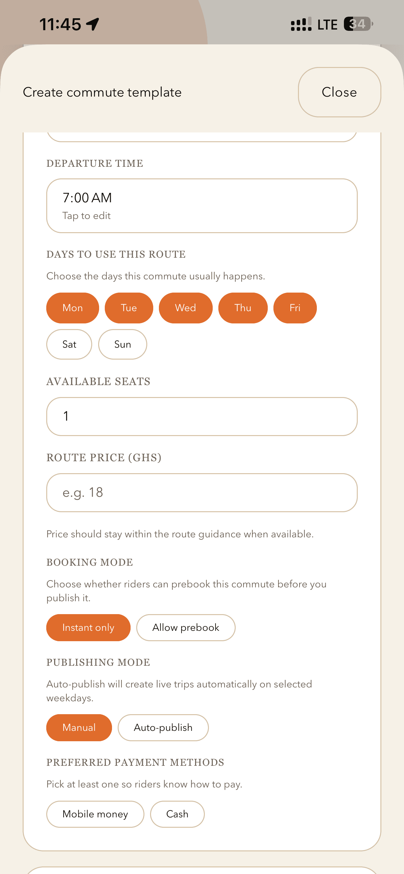 Leet create commute template form showing route path, schedule, seats, and price fields.