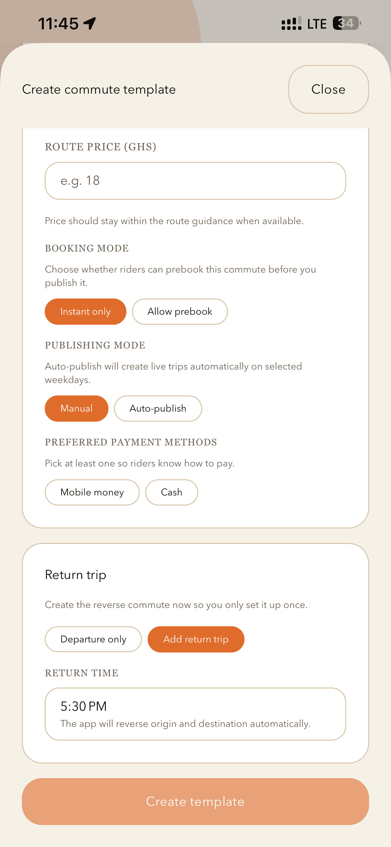 Leet create commute template form showing booking mode, publishing mode, payment methods, and return trip.