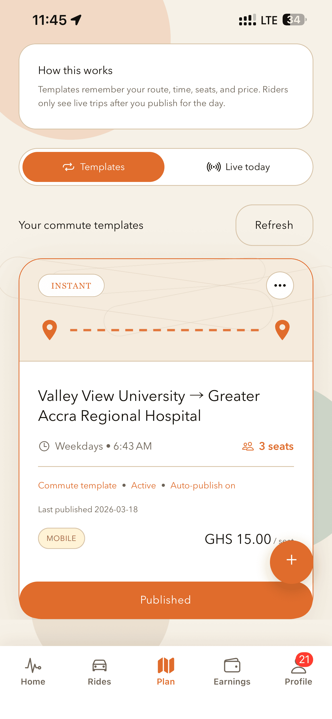 Leet create commute template form showing booking mode and return trip options.