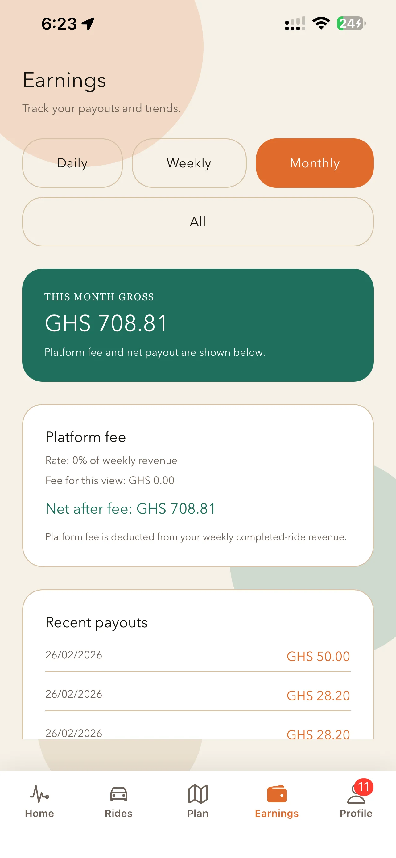 Leet app — Earnings screen showing payouts and trends